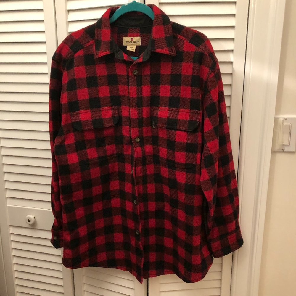 Woolrich men long sleeve wool shirt jacket in red plaid, M - Picture 1 of 12